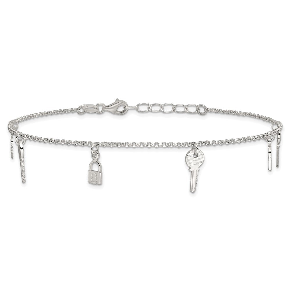 Sterling Silver Lock and Key 9 inch Plus 1 inch Extender - Total 10 inch Anklet