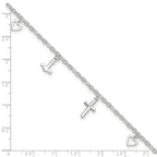 Sterling Silver Cross/Heart/Anchor 9 inch Plus 1 inch Extender - Total 10 inch Anklet
