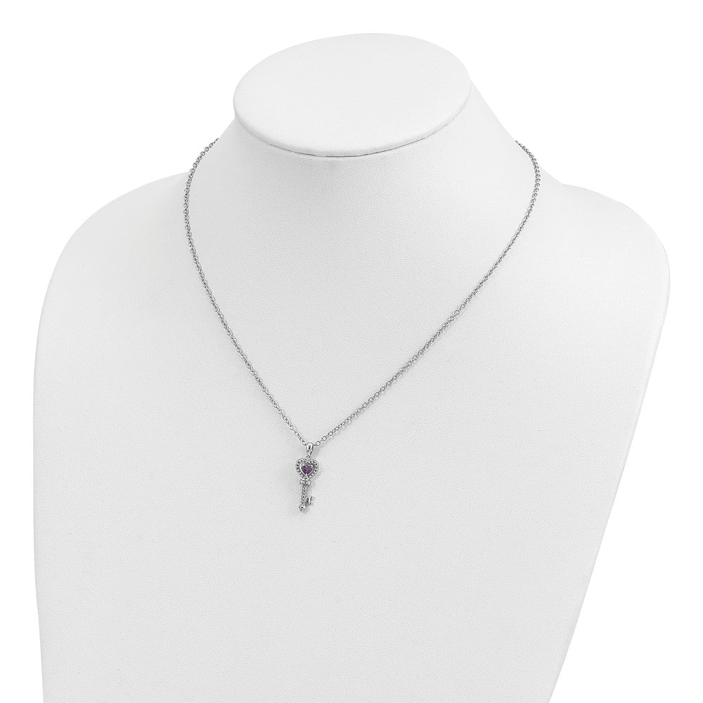 Brilliant Gemstones Sterling Silver with 14K Accent Rhodium-plated Amethyst and Diamond Key 18 Inch Necklace with 2 Inch Extender