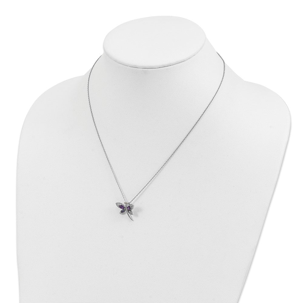 Brilliant Gemstones Sterling Silver with 14K Accent Rhodium-plated Amethyst/Iolite/Diamond Dragonfly18 Inch Necklace with 2 Inch Extender