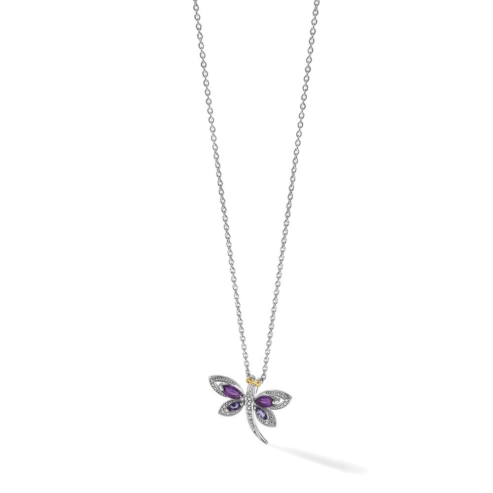 Brilliant Gemstones Sterling Silver with 14K Accent Rhodium-plated Amethyst/Iolite/Diamond Dragonfly18 Inch Necklace with 2 Inch Extender