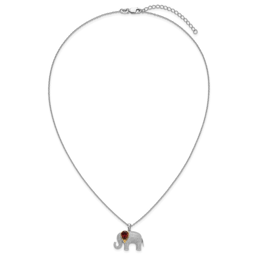 Brilliant Gemstones Sterling Silver with 14K Accent Rhodium-plated Garnet and Diamond Elephant 18 Inch Necklace with 2 Inch Extender