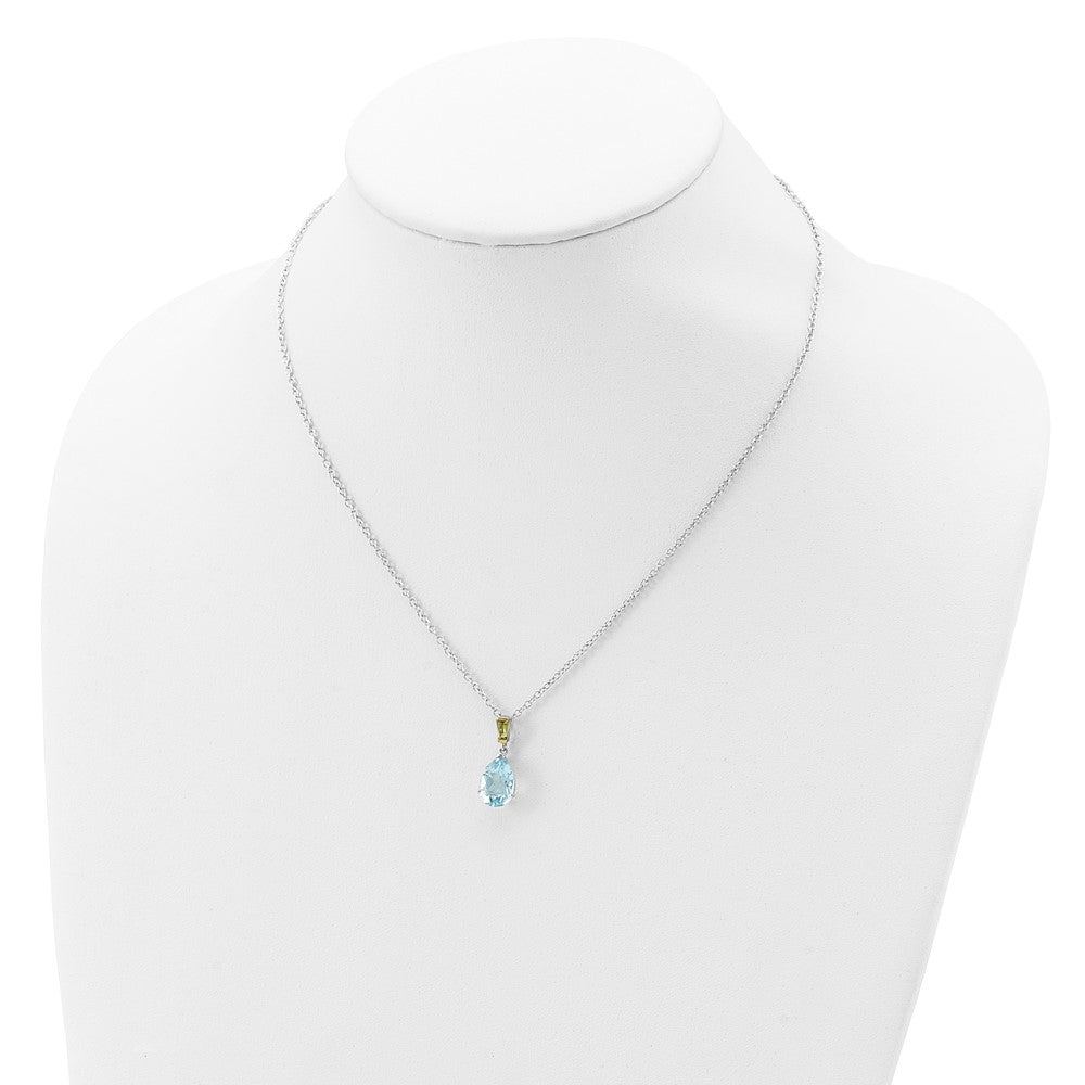 Brilliant Gemstones Sterling Silver with14K Accent Rhodium-plated Sky Blue Topaz and Peridot 18 Inch Necklace with 2 Inch Extender
