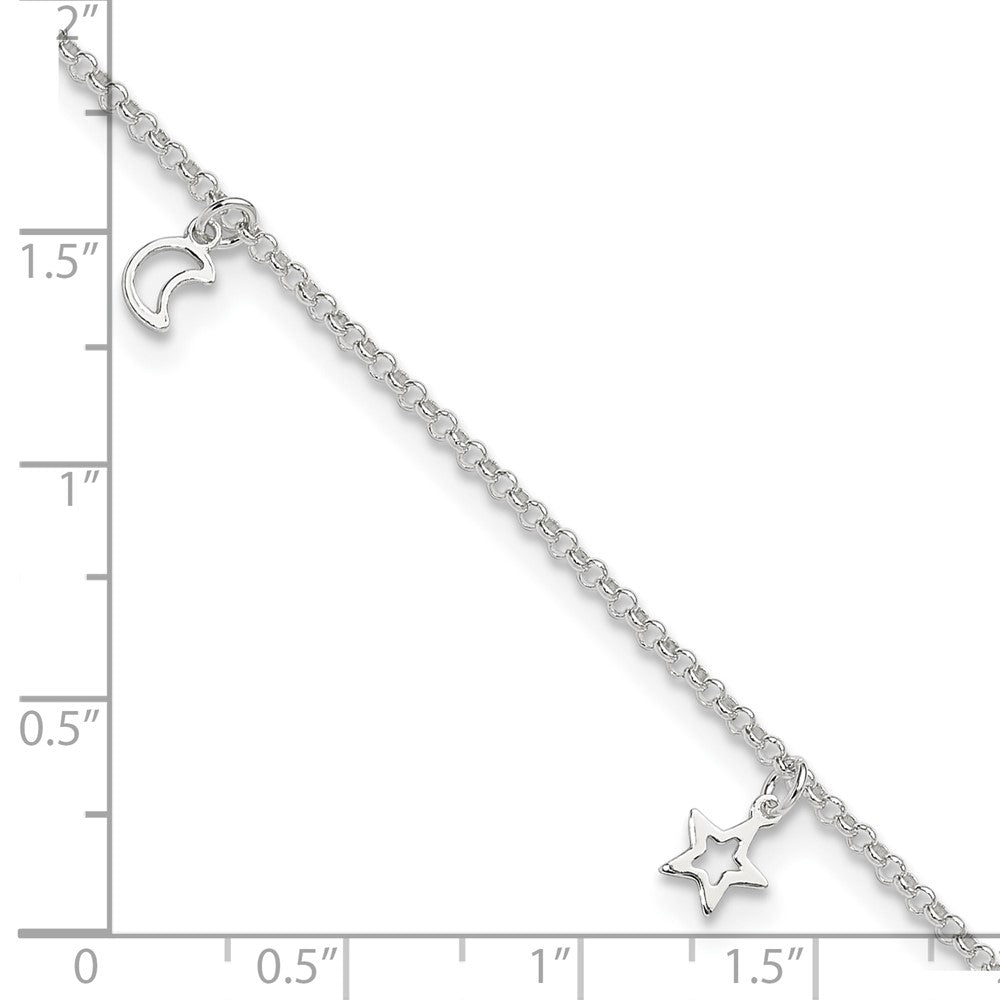 Sterling Silver Moon and Stars 9 inch Plus 1 inch Extender - Total 10 inch Anklet
