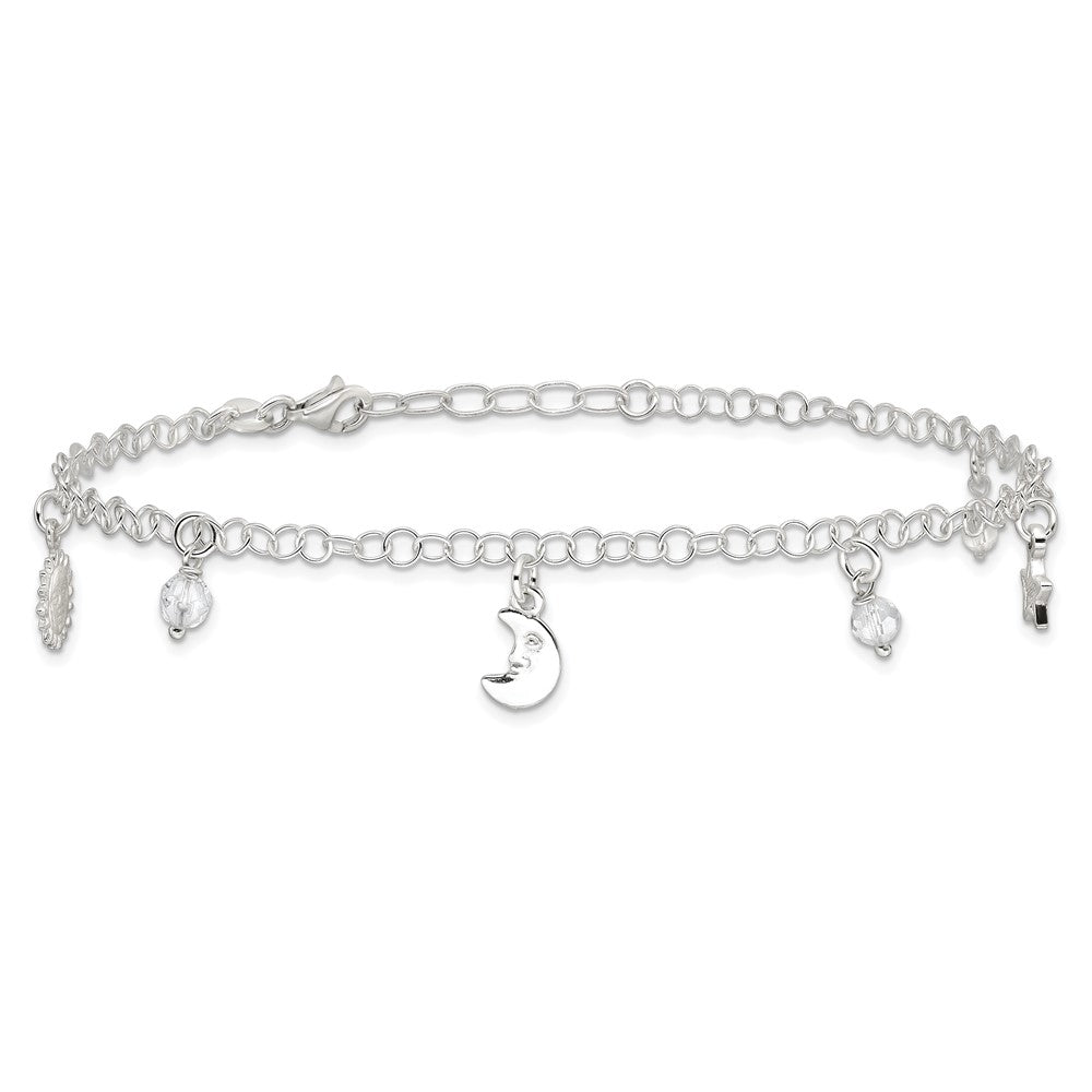 Sterling Silver Sun/Moon/Star/Crystal 9 inch Plus 1 inch Extender - Total 10 inch Anklet