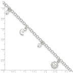 Sterling Silver Sun/Moon/Star/Crystal 9 inch Plus 1 inch Extender - Total 10 inch Anklet