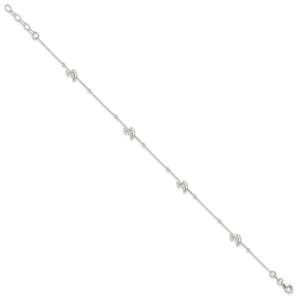 Sterling Silver Dolphins and Beads 4-Station 9 inch Plus 1 inch Extender - Total 10 inch Anklet