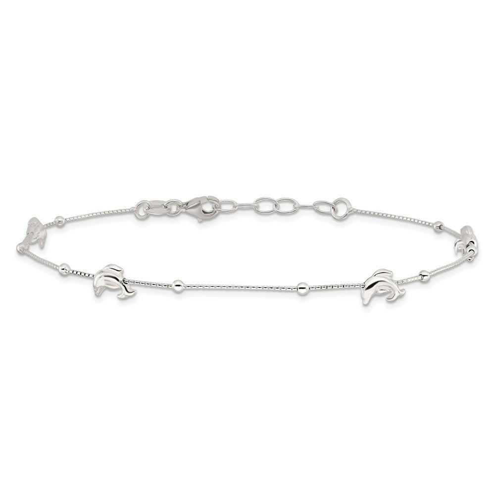 Sterling Silver Dolphins and Beads 4-Station 9 inch Plus 1 inch Extender - Total 10 inch Anklet