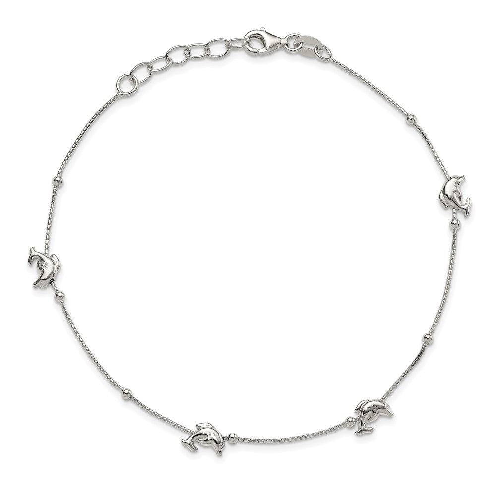 Sterling Silver Dolphins and Beads 4-Station 9 inch Plus 1 inch Extender - Total 10 inch Anklet