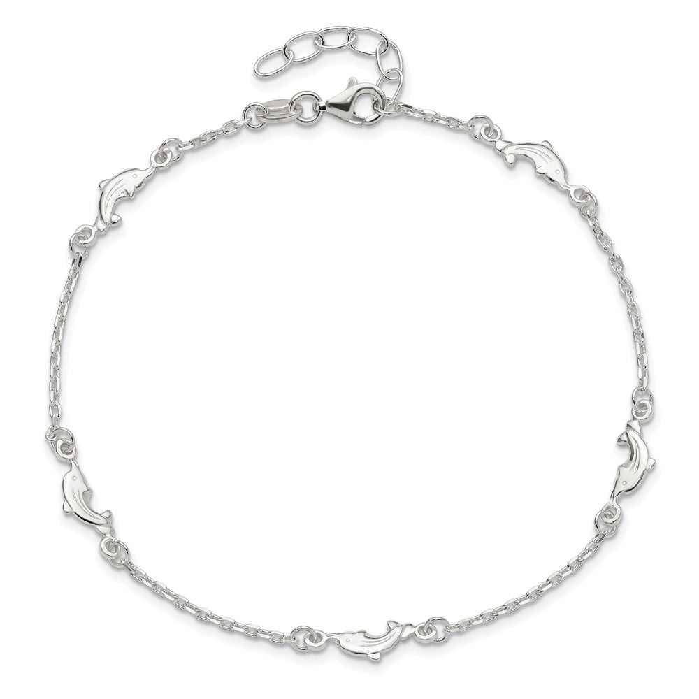 Sterling Silver Dolphin 5-Station 9 inch Plus 1 inch Extender - Total 10 inch Anklet
