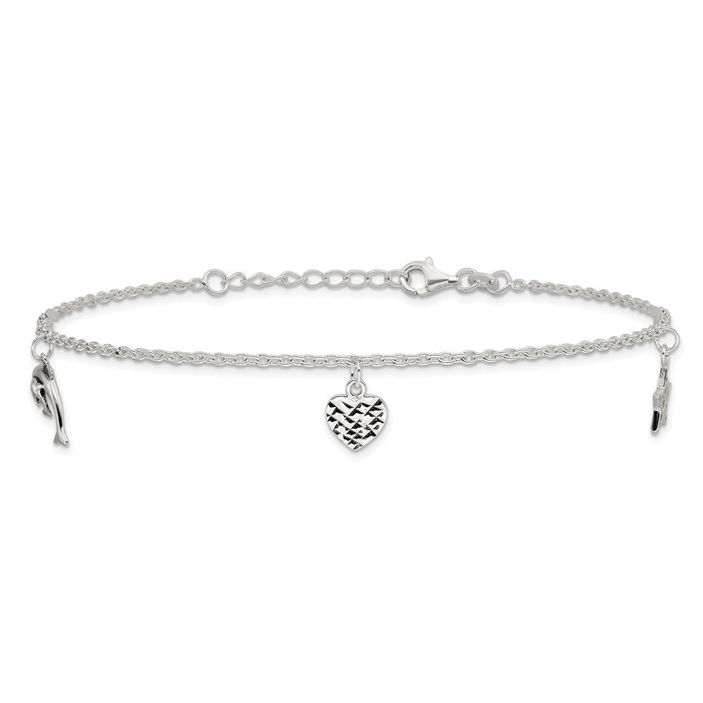 Sterling Silver Heart/Star/Dolphin Charms 9 inch Plus 1 inch Extender - Total 10 inch Anklet