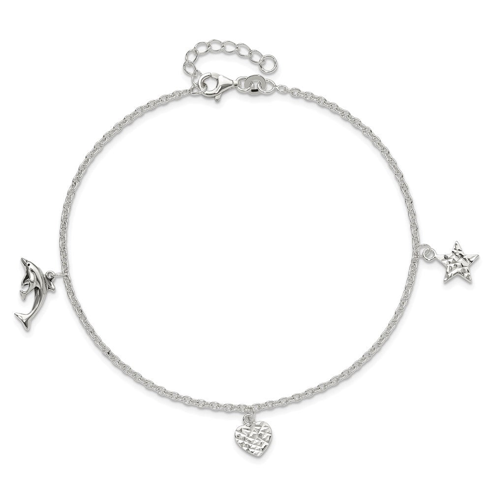 Sterling Silver Heart/Star/Dolphin Charms 9 inch Plus 1 inch Extender - Total 10 inch Anklet