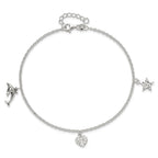 Sterling Silver Heart/Star/Dolphin Charms 9 inch Plus 1 inch Extender - Total 10 inch Anklet