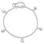 Sterling Silver Puffed Heart Charms 9 inch Plus 1 inch Extender - Total 10 inch Anklet
