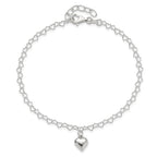 Sterling Silver Puffed Heart Charm 9 inch Plus 1 inch Extender - Total 10 inch Anklet