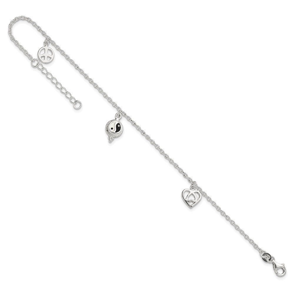 Sterling Silver Heart/YinYang/Peace Sign 8 inch Plus 1 inch Extender - Total 9 inch Anklet