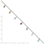 Sterling Silver Multi-colored Beads 9 inch Plus 1 inch Extender - Total 10 inch Anklet