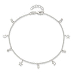 Sterling Silver Star and Moon 9 inch Plus 1 inch Extender - Total 10 inch Anklet