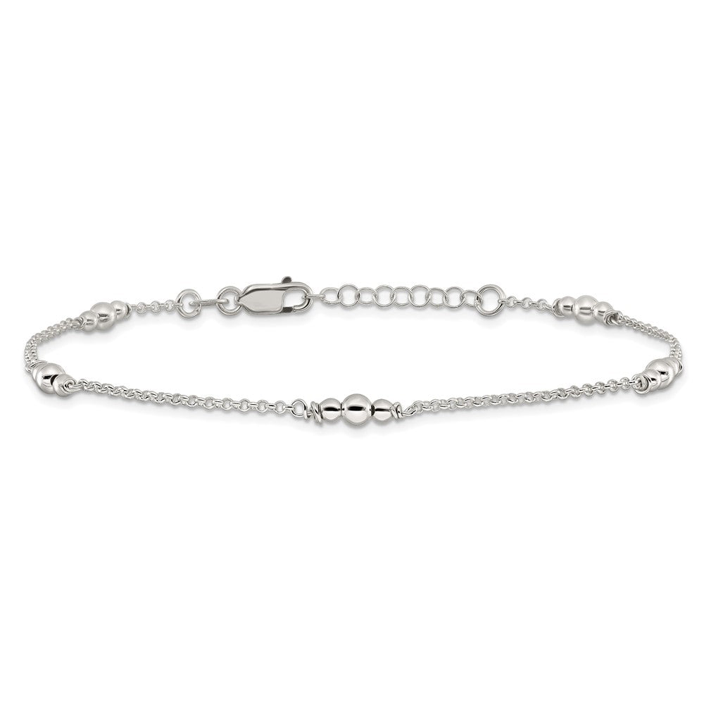 Sterling Silver Beaded 5-Station 9 inch Plus 1 inch Extender - Total 10 inch Anklet