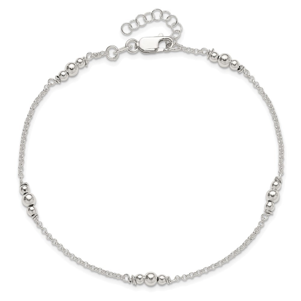 Sterling Silver Beaded 5-Station 9 inch Plus 1 inch Extender - Total 10 inch Anklet