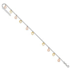 Sterling Silver Gold-tone Hearts and Rose-tone Flowers 9 inch Plus 1 inch Extender - Total 10 inch Anklet