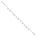 Sterling Silver Blue Glass Beads and Hearts 9 inch Plus 1 inch Extender - Total 10 inch Anklet