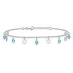 Sterling Silver Blue Glass Beads and Hearts 9 inch Plus 1 inch Extender - Total 10 inch Anklet