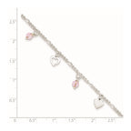 Sterling Silver Pink Glass Beads and Hearts 9 inch Plus 1 inch Extender - Total 10 inch Anklet