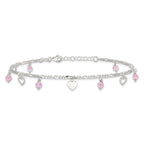 Sterling Silver Pink Glass Beads and Hearts 9 inch Plus 1 inch Extender - Total 10 inch Anklet