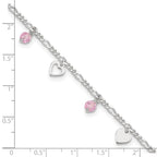 Sterling Silver Pink Glass Beads and Hearts 9 inch Plus 1 inch Extender - Total 10 inch Anklet