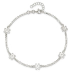 Sterling Silver Figaro Chain/Flowers 5-Station 9 inch Plus 1 inch Extender - Total 10 inch Anklet