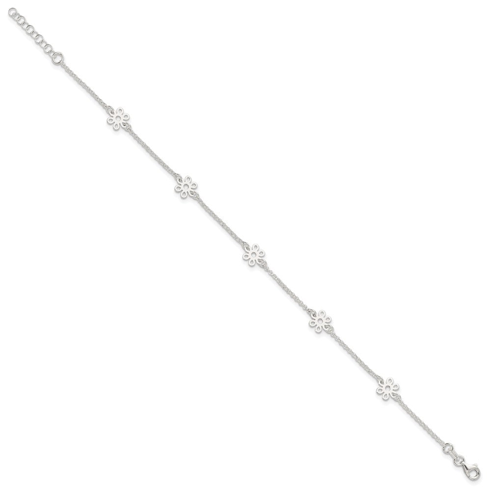 Sterling Silver Cable Chain/Flowers 5-Station 9 inch Plus 1 inch Extender - Total 10 inch Anklet