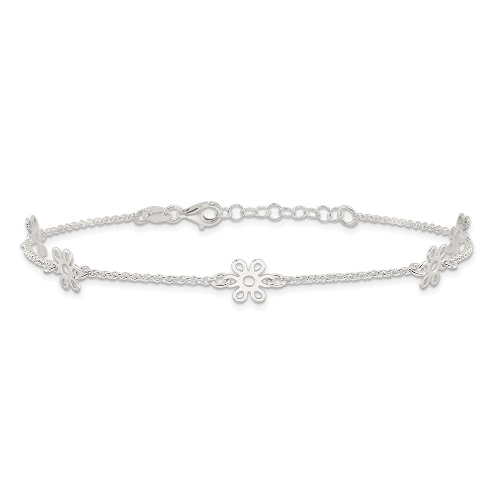 Sterling Silver Cable Chain/Flowers 5-Station 9 inch Plus 1 inch Extender - Total 10 inch Anklet