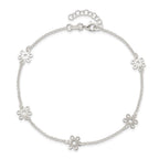 Sterling Silver Cable Chain/Flowers 5-Station 9 inch Plus 1 inch Extender - Total 10 inch Anklet
