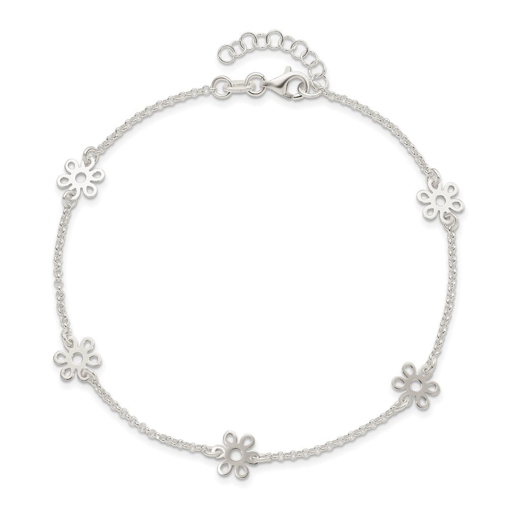 Sterling Silver Cable Chain/Flowers 5-Station 9 inch Plus 1 inch Extender - Total 10 inch Anklet