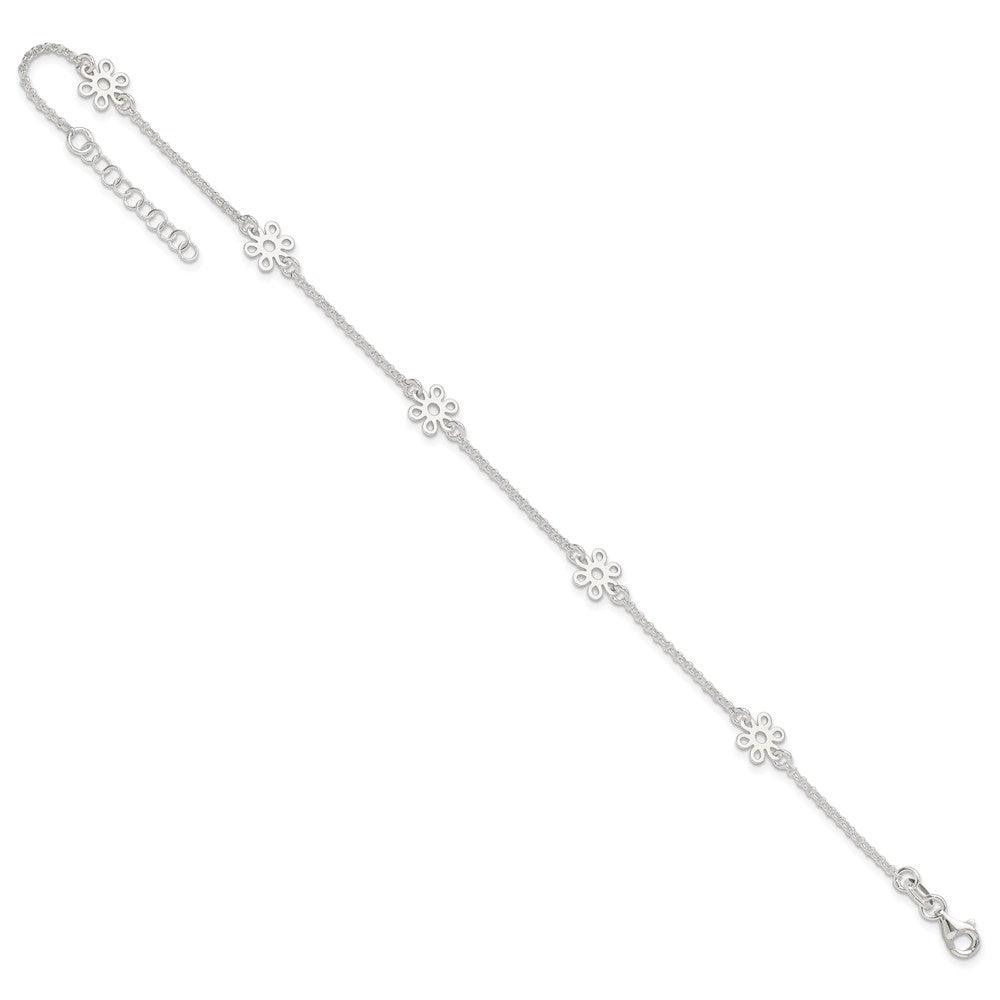 Sterling Silver Cable Chain/Flowers 5-Station 9 inch Plus 1 inch Extender - Total 10 inch Anklet