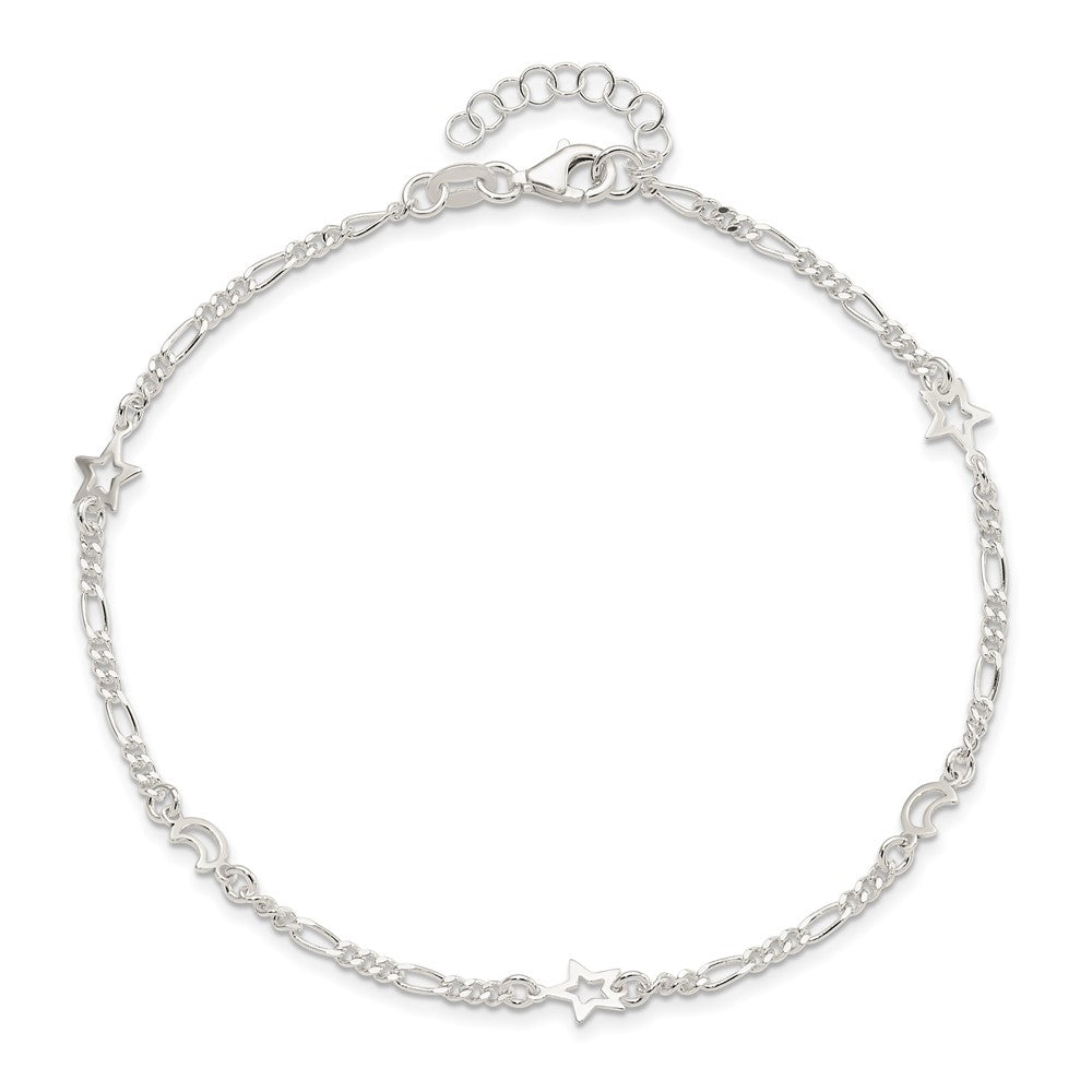 Sterling Silver Moon and Star 9 inch Plus 1 inch Extender - Total 10 inch Anklet