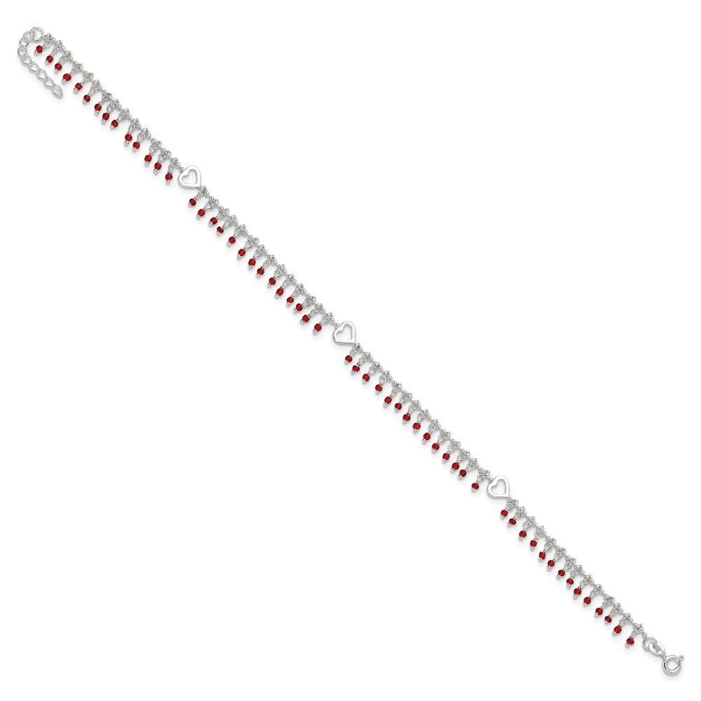 Sterling Silver Red Beads and Heart 10 inch Plus 1 inch Extender - Total 11 inch Anklet