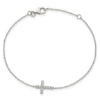 Sterling Silver Rhodium-plated CZ Sideways Cross w/1in Ext Bracelet