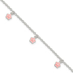 Sterling Silver Polished Pink Enamel Flowers w/1.5in Ext Children's Bracele