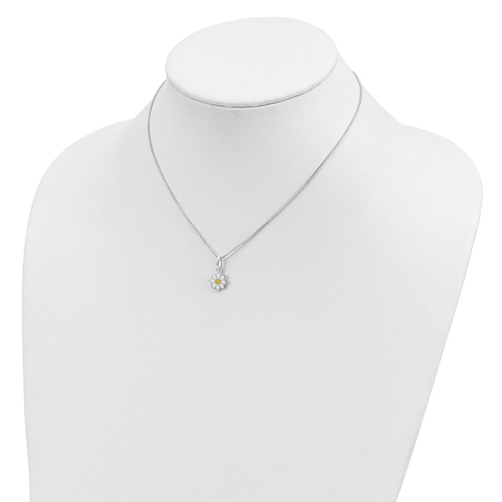 Sterling Silver Polished Yellow & White Enamel Flower Children's Necklace