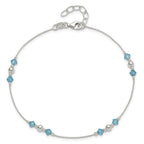 Sterling Silver Bead and Blue CZ 9 inch Plus 1 inch Extender - Total 10 inch Anklet