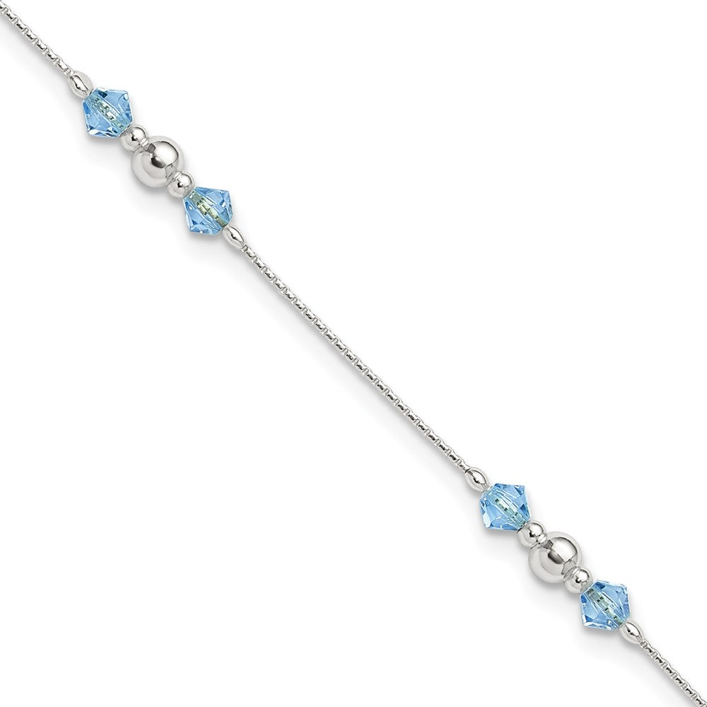 Sterling Silver Bead and Blue CZ 9 inch Plus 1 inch Extender - Total 10 inch Anklet