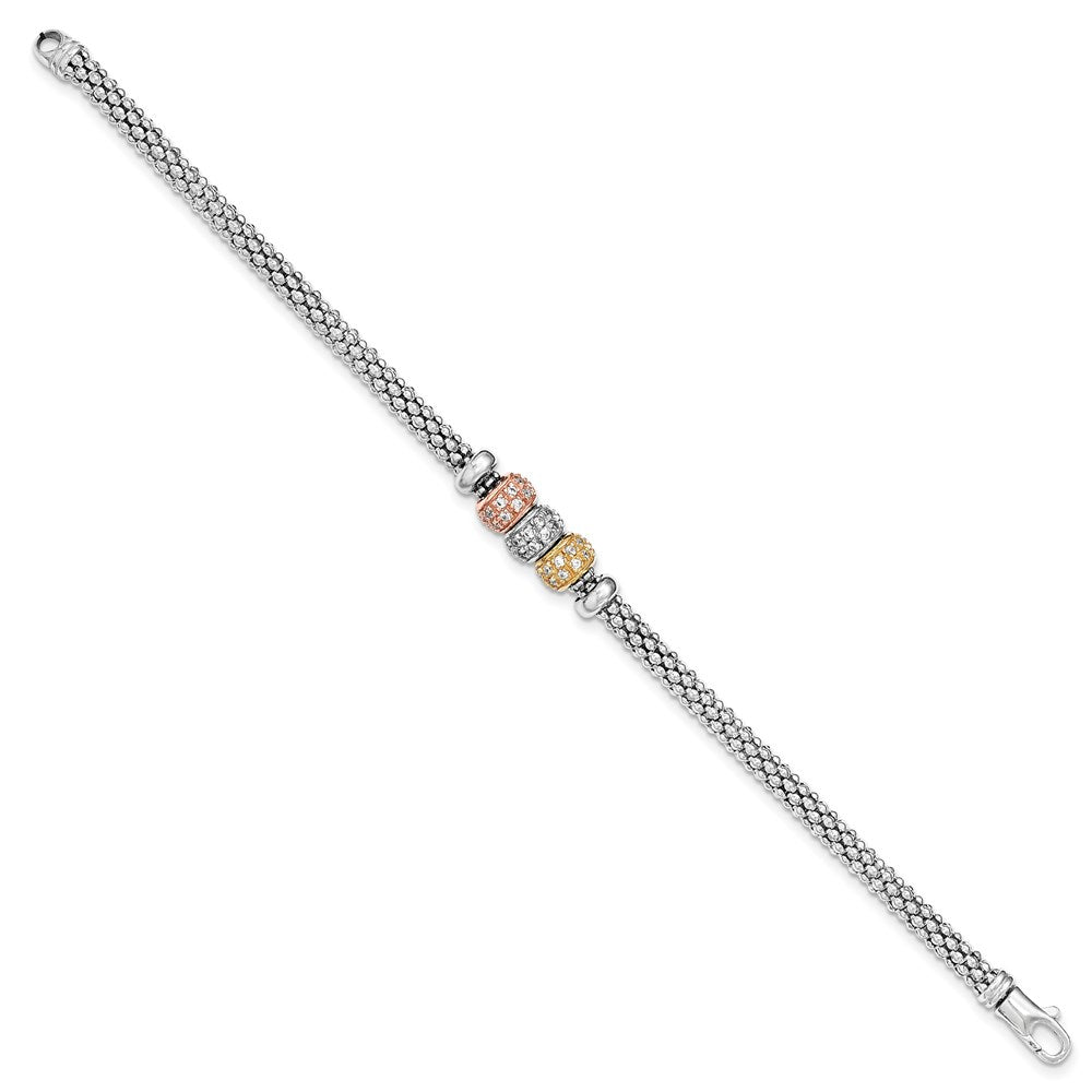 Sterling Silver Rose And Yellow Gold-tone CZ Beads Mesh Bracelet