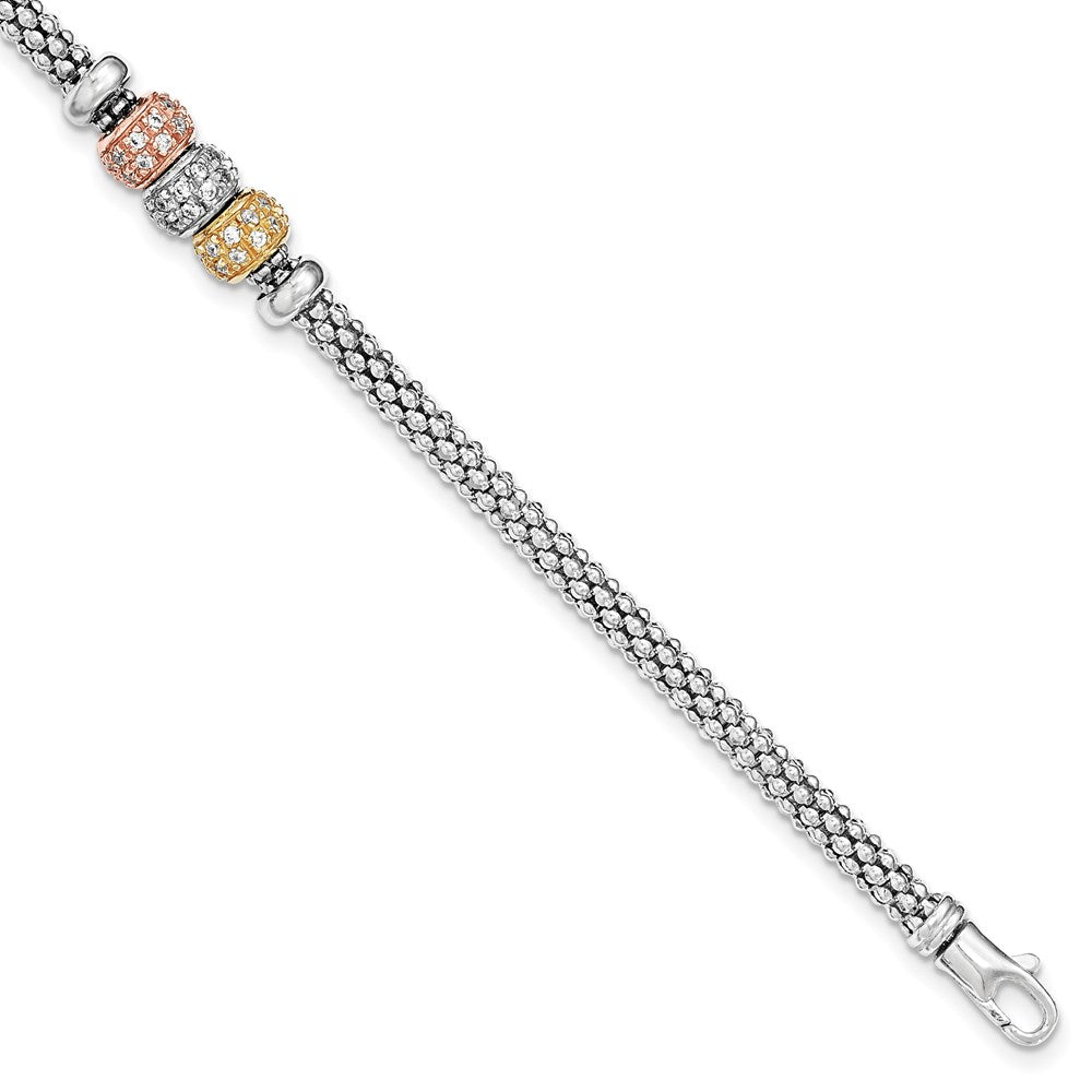 Sterling Silver Rose And Yellow Gold-tone CZ Beads Mesh Bracelet
