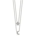 Sterling Silver RH-plated Polished CZ Moon and Star Double Strand Necklace