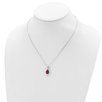 Sterling Silver 18in Rhodium Plated Polished Clear CZ and Lab Created Ruby Pear Shaped Necklace