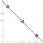Sterling Silver Rhodium-plated Red, Green and Blue Glass Hearts with 1 Inch Extension Bracelet