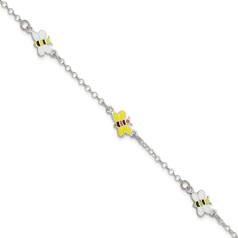 Sterling Silver Polished and Enameled Bees 5 inch Plus 1 inch Extension Children's Bracelet