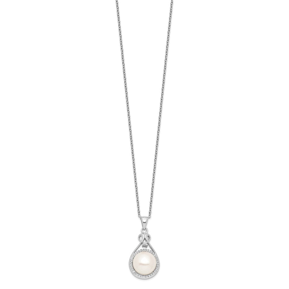 Sterling Silver Rhodium-plated 10-11mm White Button Freshwater Cultured Pearl and CZ 17 inch Necklace